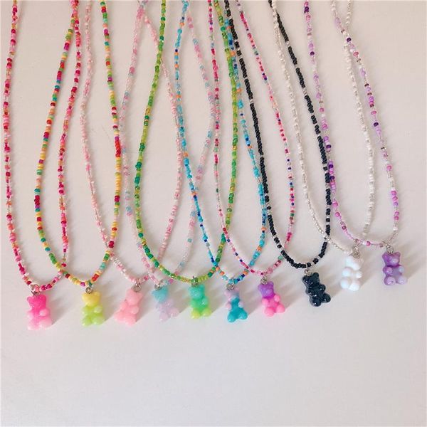 

chains bohemian fashion color bear gummy pendant necklace resin multicolor rice beaded pearl ladies girl party accessory gift, Silver