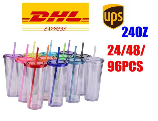 

mugs dhl 48/96pcs 24oz acrylic skinny tumblers double wall insulated plastic tumbler coffee reusable sippy cup with straws lids