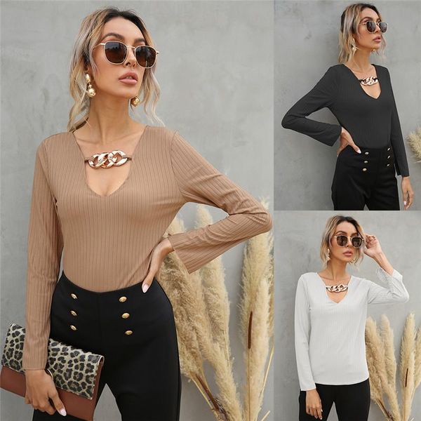

women's t-shirt arrival 2021 women knitted spring fashion deep v-neck slim t-shirts plus size, White