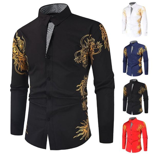 

men's casual shirts 2021 men fashion shirt autumn and winter bronzing printing long-sleeved lapel fast camisas de hombre, White;black
