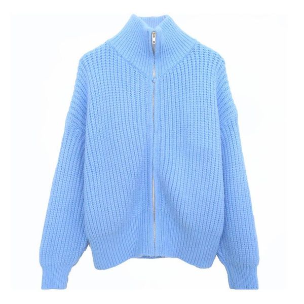 

women's knits & tees oumengka autumn winter 2021 sweater coat sweet fruit color long sleeve turtleneck zip-up loose knit cardigan tide, White