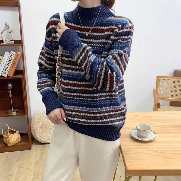 

women's sweaters room 218103, row 7, no. 1 (] non real s net red picture, half high neck striped pullover sweater, sweater 44, White;black