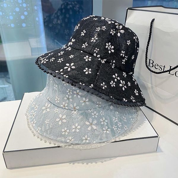 

wide brim hats net red solid thin lace hat summer breathable shade bucket pearl fashion fisherman's women sunscreen basin, Blue;gray