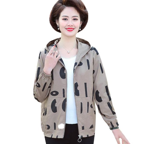 

women's jackets 2021 spring autumn jacket middle-aged elderly mothers temperament print short hooded outerwear lining female top, Black;brown