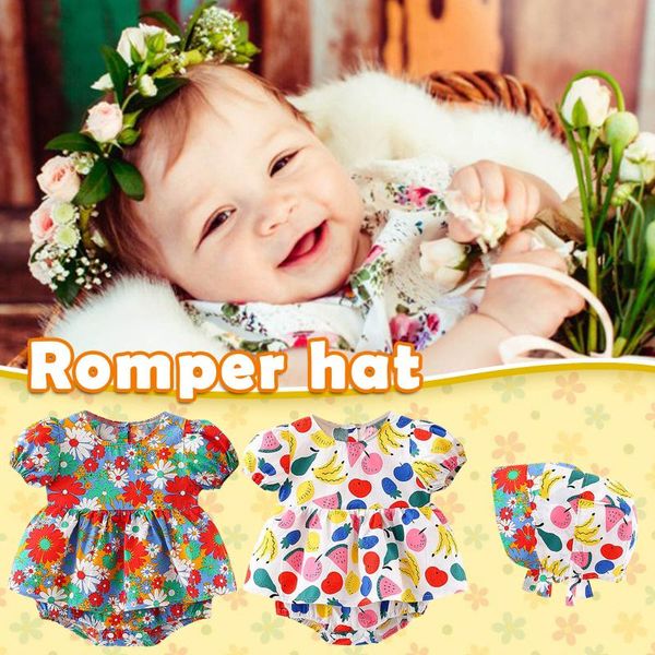 

clothing sets summer born infant baby girls boys puff sleeve fruit floral romper hat cap outfits children clothes suit, White