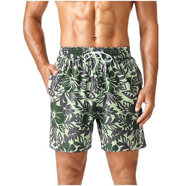 

men's shorts 2021 summer mens leaf print swimming drawstring beach surfing mid waist swim trunks short swimwear male a30, White;black