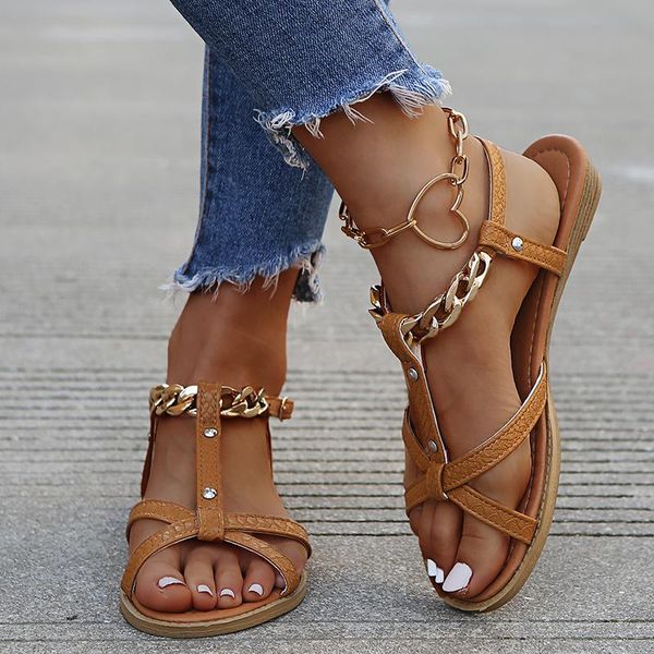 

sandals 2021 women summer shoes casual ladies flats fashion flat heel metal chain for sandale femme, Black