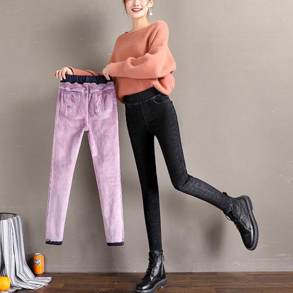 

women's jeans plus velvet thick women winter small feet cotton pants size outer wear warm, Blue