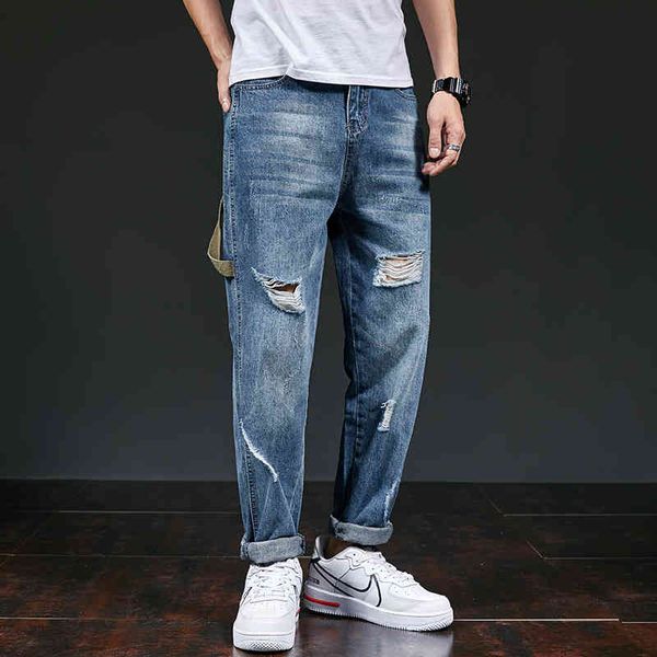 

jeans men's loose straight hole large pants 2021 autumn thin small foot wide leg casual, Blue
