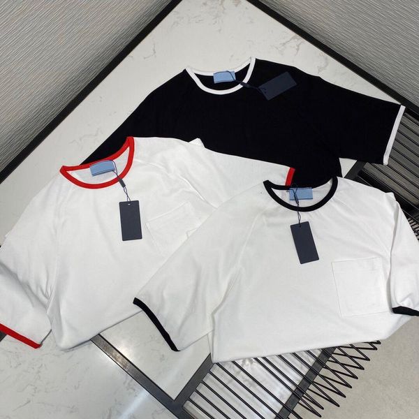 

t shirt three colors casual loose t-shirts for women summer cotton patchwork pocket o-neck drop shoulder high-end t shirt, White