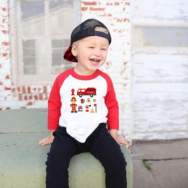 

autumn baby boys girls fireman clothes long sleeve ralgan t shirt pure casual fire brand tee unisex, Blue