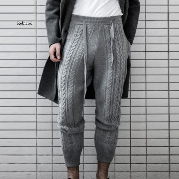 

men's pants lace-up zipper little feet for men fashion drawstring mid waist 2021 autumn casual slim knitted cropped trousers, Black