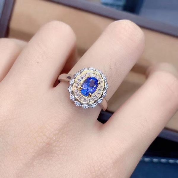 

cluster rings elegant wedding gift high quaity 100% real and natural tanzanite 925 sterling silver fine jewelry, Golden;silver