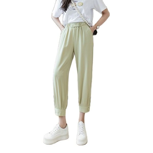 Pantaloni casual da donna estate elastico in vita bottoni color caramella decorazione harem chiffon pantaloni gamba larga 210520