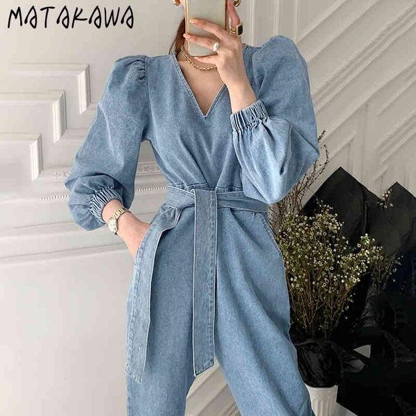 

matakawa straight denim jumpsuit women korea spring retro puff sleeve bodysuit temperament trousers v-neck tie waist rompers 210513, Black;white