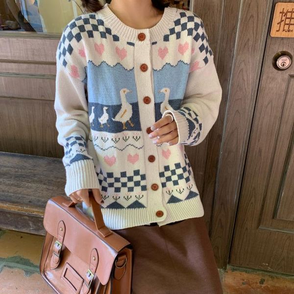 

women's knits & tees harajuku cardigan preppy style sweet vintage o-neck cute cartoon duck full sleeve single-breasted heart-shaped kni, White