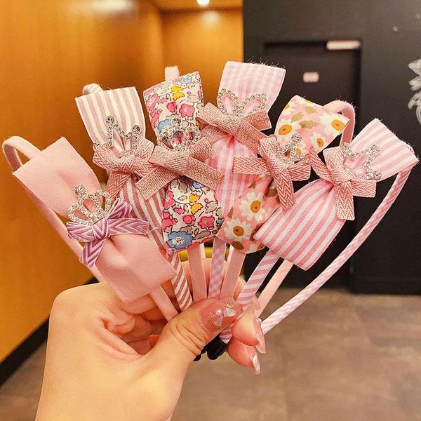 

hair accessories girls cute print flower striped plaid bow rhinestone crown hairbands children sweet decorate headband, Slivery;white