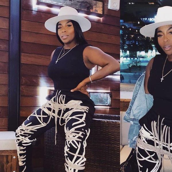 

with strings all over leggings womens capri fashion streetwear black irregular cross straps casual long trousers fall overalls, Black;white