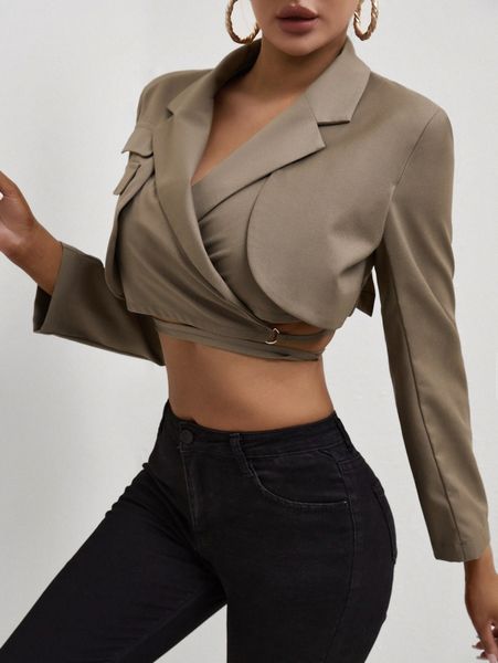 

sxy lapel neck crisscross tie back crop blazer d9cb#, White;black