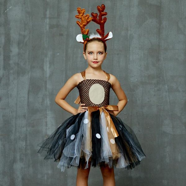 

girl's dresses christmas girls elk tutu children halloween deer cosplay costumes with exaggerate antlers headband animal party dress, Red;yellow
