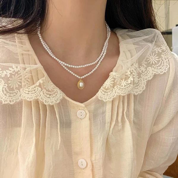 

fashion multilayer pearl necklace for women korean elegant round pendant necklaces wedding vintage jewelry gifts, Silver