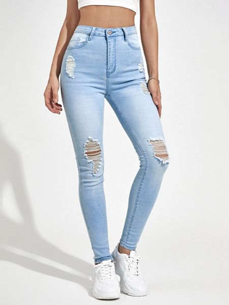 

high-waisted distressed skinny jeans t70n#, Blue