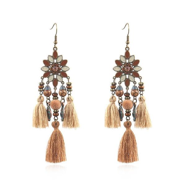 

dangle & chandelier bohemian long tassel earring for women boho brown flower woods fringed pendientes flecos brincos 2021 jewellery, Silver