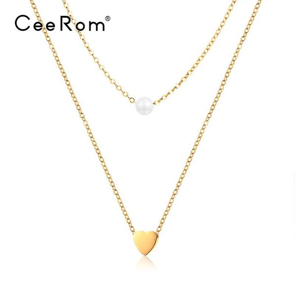 

pendant necklaces ceerom mini heart statement necklace for women double long chain stainless steel choker jewelry mujer kolye, Silver