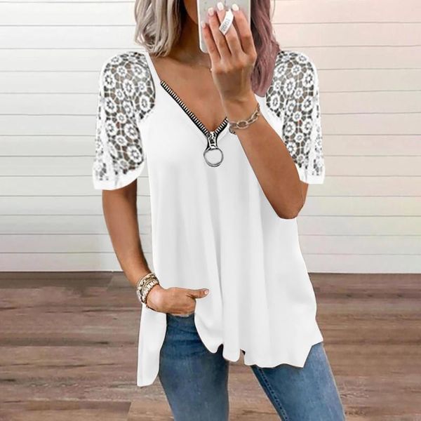

women's blouses & shirts fashion and v-neck vintage collar zipper solid short sleeve fold casual blouse debardeur femmes, White