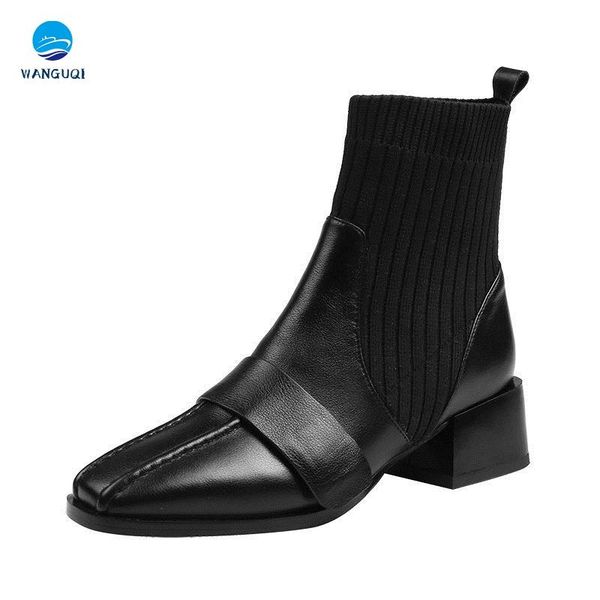 

boots female british wind 2021 square short autumn and winter wild coarse fashion elastic socks, Black