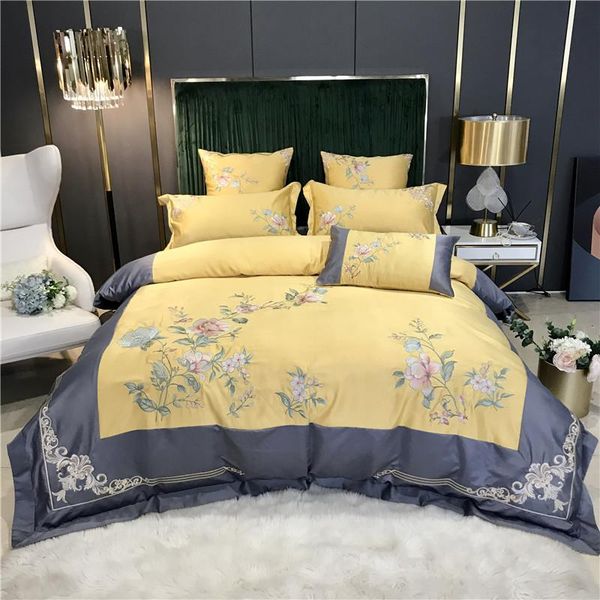 

bedding sets luxury chinese style flowers embroidery 600tc satin like silk cotton set duvet cover bed fitted sheet pillowcases linen