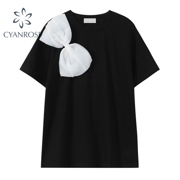 Chic White Bow Projeto Mulheres Camisas Verão Forma Casual Tee Estilo Coreano O Pescoço Plano Sólido Preto Feminino Tops 210515