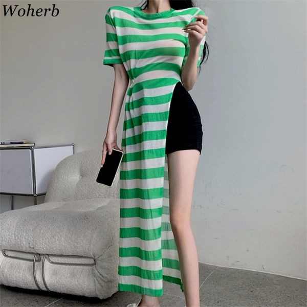 

high split thin knitted dress women csaual stripes short sleeve dresses summer sunproof see through robe vestidos 210519, Black;gray