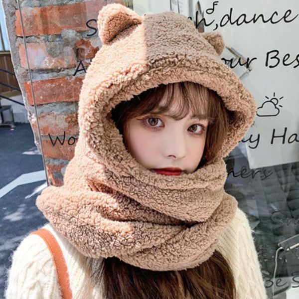 

beanies casual warm novelty plush women caps ear hat scarf set
