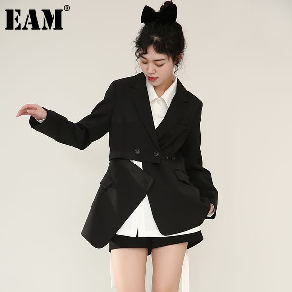 

[eam] women black irregular split long blazer lapel long sleeve loose fit jacket fashion spring autumn 1w5210 210512, White;black