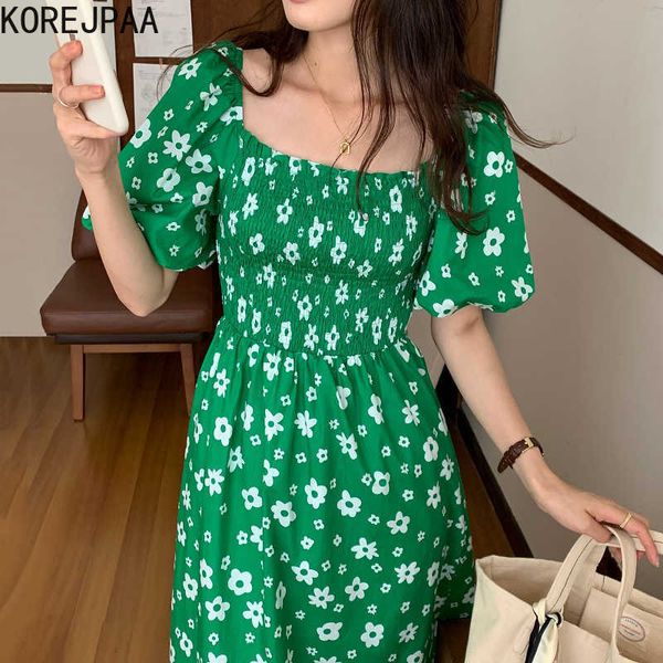 

korejpaa women dress summer korean fashion chic elegant printed square collar fold waist floral lantern sleeve long vestido 210526, Black;gray