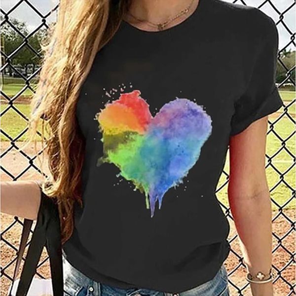 

multicolored heart printing summer womens t shirt clothes harajuku vogue aesthetic for fashion ropa mujer, White