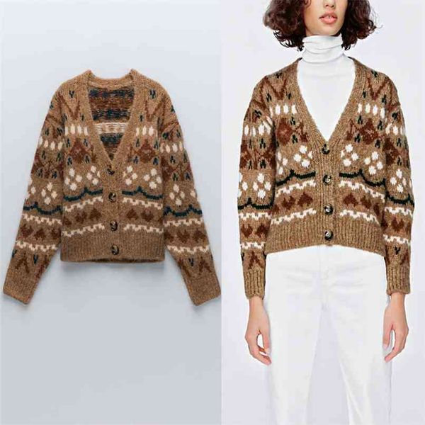 

knit jacquard cardigan sweater women vintage long sleeve single breasted knitted coat female fashion cardigans 210524, White