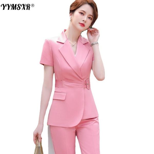 

women's two piece pants large size office suit 2021 summer casual short-sleeved small jacket ladies work clothes high quality, White