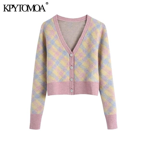 

women fashion rhinestone button cropped argyle knitted sweater long sleeve female outerwear chic 210420, White;black