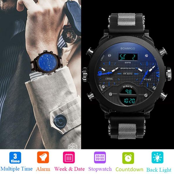 

wristwatches boamigo military watches men waterproof analog digital dual display 3 time zone chronograph sport watch rubber calendar clock, Slivery;brown