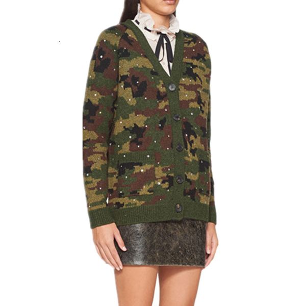 

women's jackets fashion camouflage cardigan 2021 autumn winter v-neck long sleeve crystal beaded casual knitted sweater coat for women, Black;brown