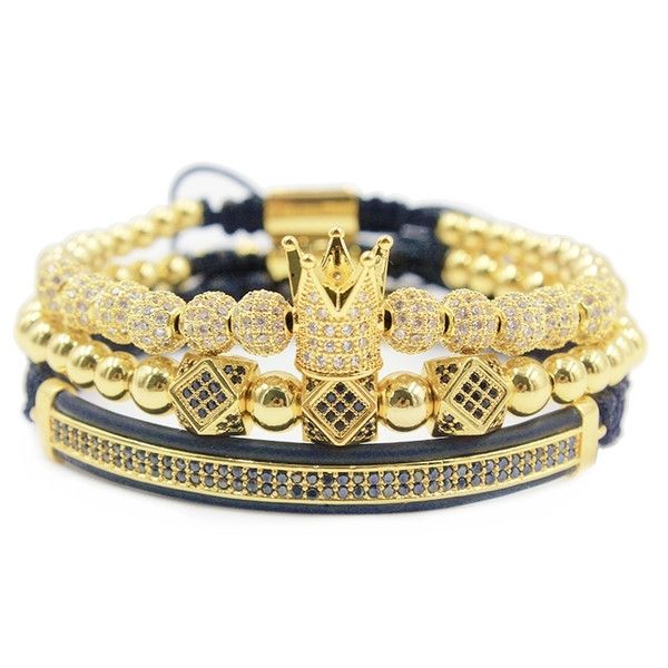

3pcs/set men bracelet jewelry crown charms macrame beads bracelets braiding man luxury for women gift valentine's day christmas, Golden;silver