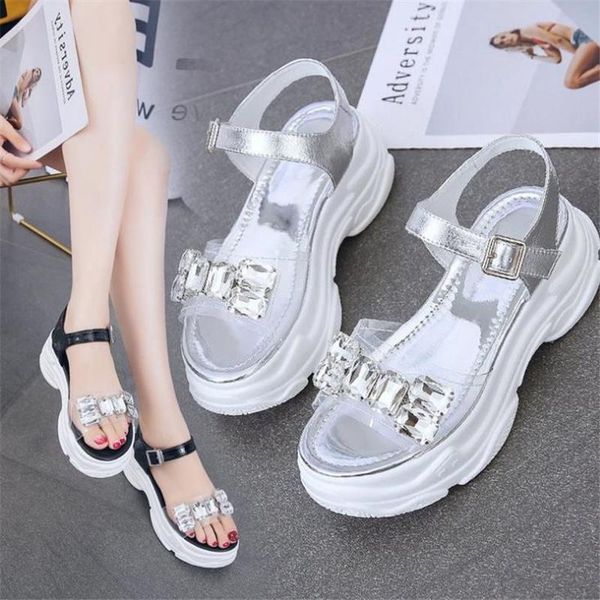 

platform jewelry wedge heel transparent rhinestones sandals summer women diamond shoes buckle crystal sandal woman, Black