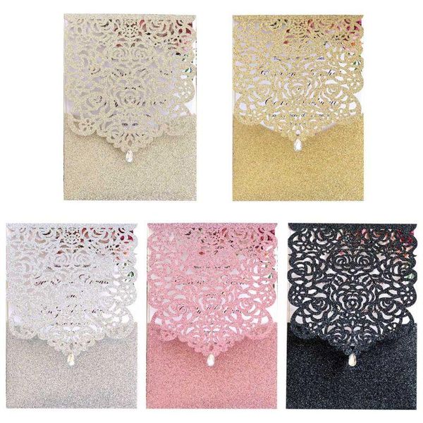 

greeting cards 10pcs/set laser cut glitte rose invitations card invite envelopes with rhinestone kits wedding party supplies