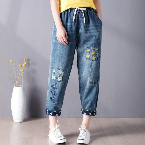 

9260 summer fashion elastic women jeans high waist floral embroidery cargo pants patchwork retro ankle length denim pant female casual, Blue