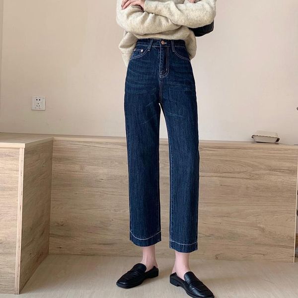 

women's jeans elegant office lady casual straight women vintage dark blue high waist ankle-length denim pants 2021 autumn chic pantalon