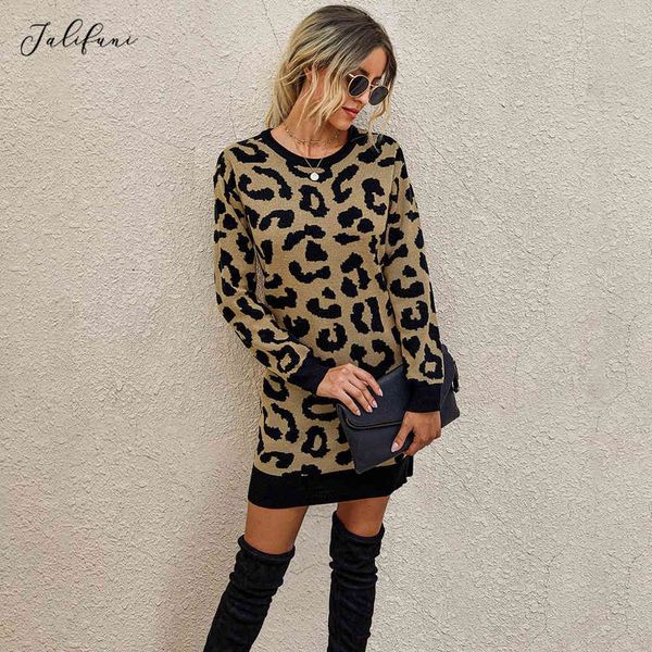 

women sweater dress autumn winter long sleeve fashion vintage leopard print warm knitted clothes ladies dresses new arrival 210415, Black;gray