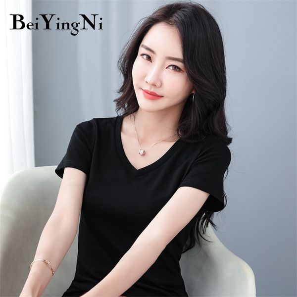

cotton v-neck tshirt female korean hipster basic short sleeve t-shirt women harajuku casual vintage tee shirts s-5xl 210506, White;black