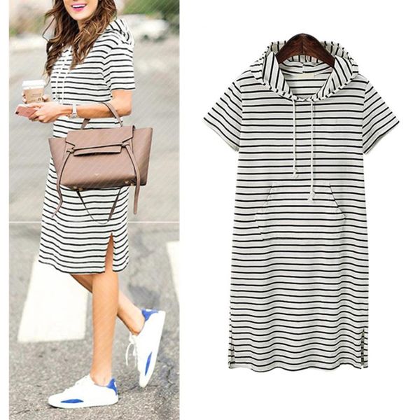 

casual dresses hodisytian women dress autumn hooded pullover loose robe outerwear short sleeve tunic striped vestido femme plus size, Black;gray